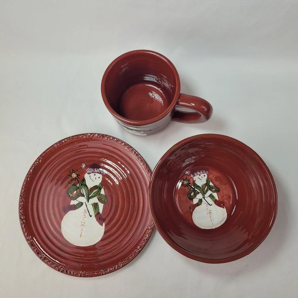 Tracy Porter Jingle Bell Snowman Red 3pc Set Plate Bowl Mug Christmas Ceramic